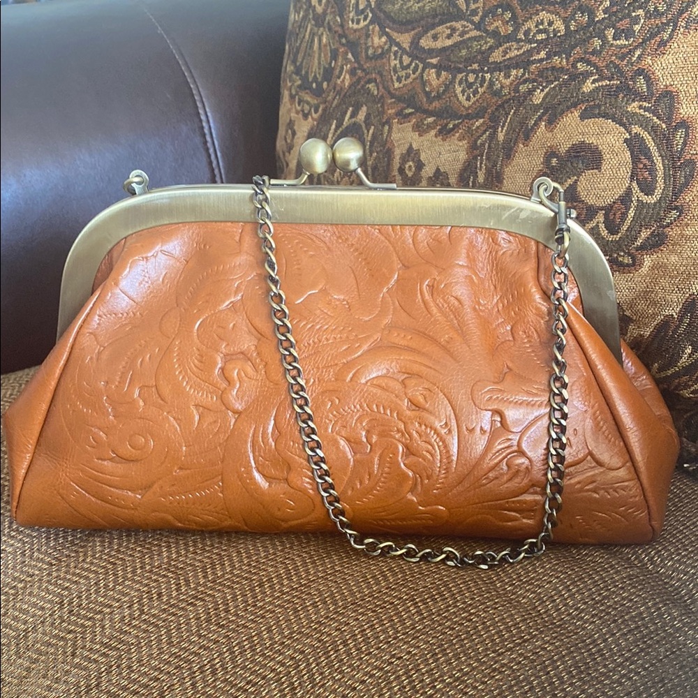 Patricia Nash Brown Embossed Leather Clutch with Chain Strap